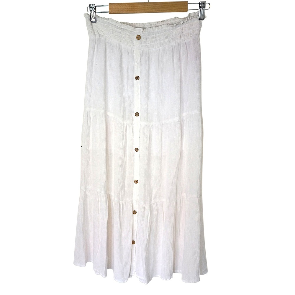 SO White Crinkle Gauze Tiered Maxi Skirt Waist Boho Button Front Women Large